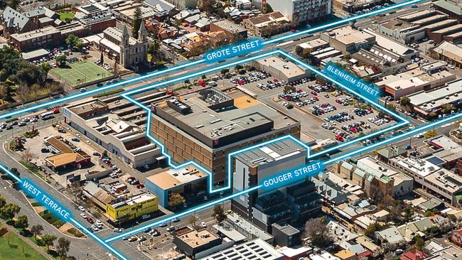 The Adelaide Mail Centre — the blue square in the middle — on Gouger and Grote streets is for sale. Picture: Colliers