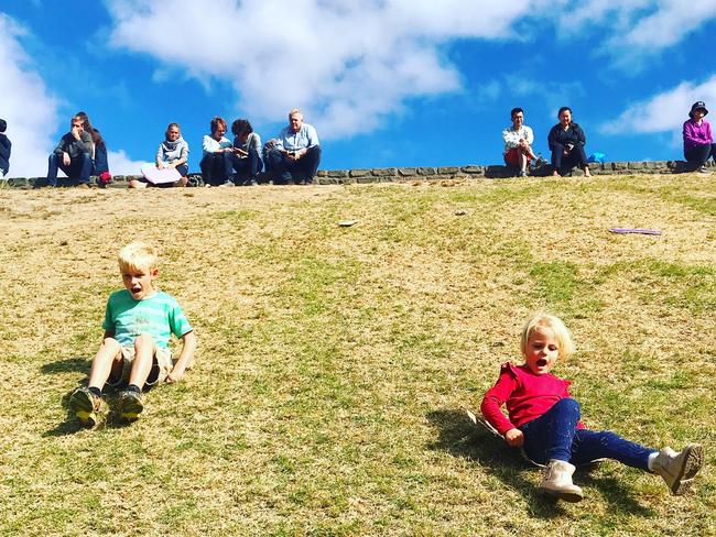 Sliding down the hill on cardboard sleds.