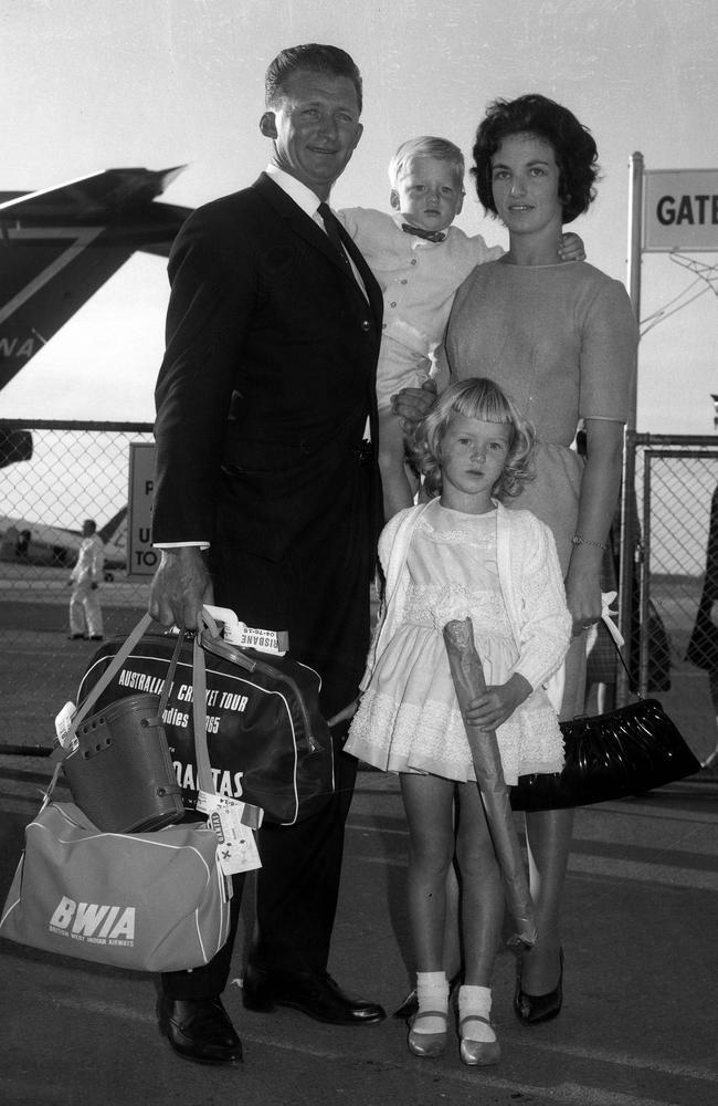 Sam Trimble and wife Avon, with children Wendy, 5, and Glen, 2, at Brisbane Airport in 1965.