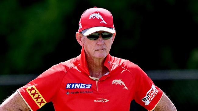 BRISBANE, AUSTRALIA - MARCH 07: Coach Wayne Bennett is seen during a Dolphins NRL training session at Kayo Stadium on March 07, 2024 in Brisbane, Australia. (Photo by Bradley Kanaris/Getty Images)