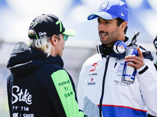 Daniel Ricciardo speaking to Valteri Bottas at Silverstone. Picture: GSI/Icon Sport via Getty Images