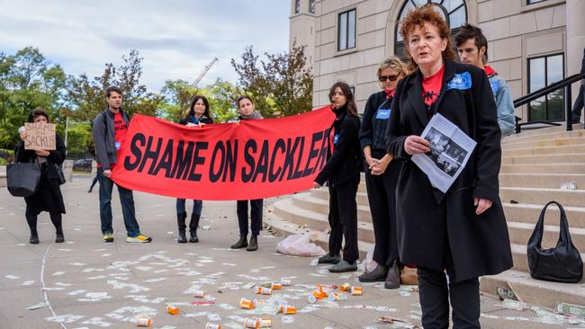 Nan Goldin with members of PAIN (Prescription Addiction Intervention Now) and Truth Pharm at a rally against the Sackler family and Purdue Pharmaceuticals. Picture: Erik McGregor/Getty Images