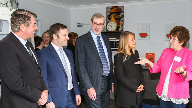 Resident Ann, right, shows her home to Castle Hill MP Ray Williams, federal MP Alex Hawke, Wentworth’s Stephen McIntyre and Hills mayor Yvonne Keane.