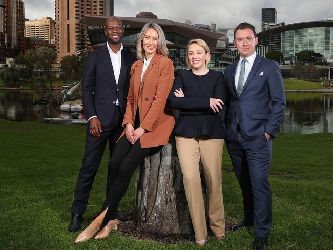 Bruce Djite, 34, chief executive Committee for Adelaide. Alice Fitch 39, Founder of Whola, Bodelle Francis 38, GM Adelaide Oval hotel, Daniel Gannon, 38, Property Council SA executive director. Picture: Sarah Reed