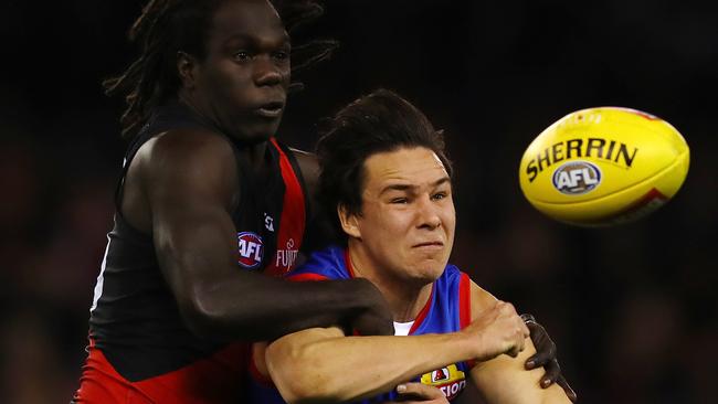 Look out! Anthony McDonald-Tipungwuti collars Lukas Webb. Picture: Michael Klein