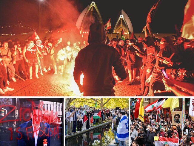 A free Palestine protest at Sydney Opera House, vandalism at MP Josh Burns' office, Jewish Israel supporters in a Melbourne park, Sydney protest with people holding up pictures of Hezbollah leader Hassan Nasrallah.