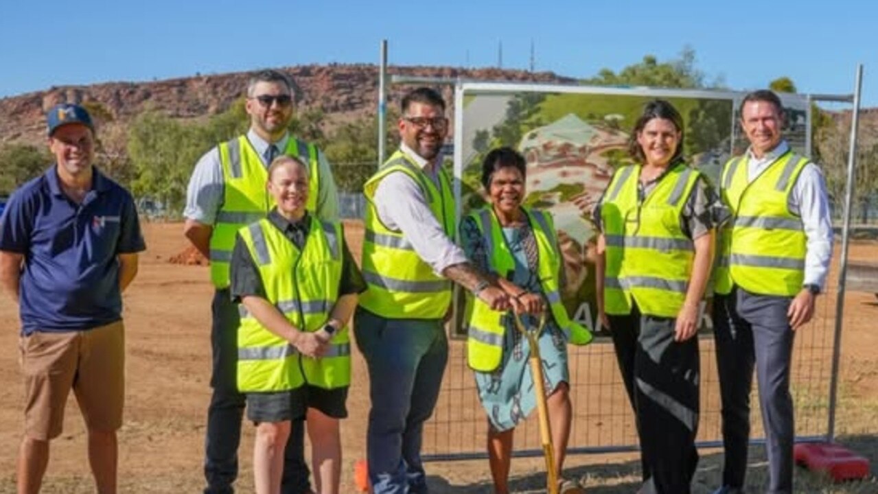 (L-R) MPH Projects representatives joined Alice Springs Town Council councillor Alison Bitar, Mayor Matt Paterson, Lingiari MP Marion Scrymgour, councillor Marli Banks, and council chief executive Andrew Wilsmore at the sod turning ceremony at Newland Park, Alice Springs, Tuesday January 28, 2025. Picture: Facebook/Matt Paterson