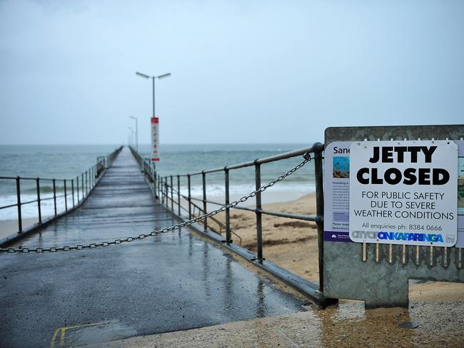 Port Noarlunga jetty is closed due to the storm.Picture: Bianca De Marchi