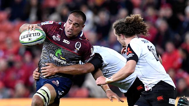 Caleb Timu looks to offload against the Sunwolves last year. Picture: Bradley Kanaris/Getty Images