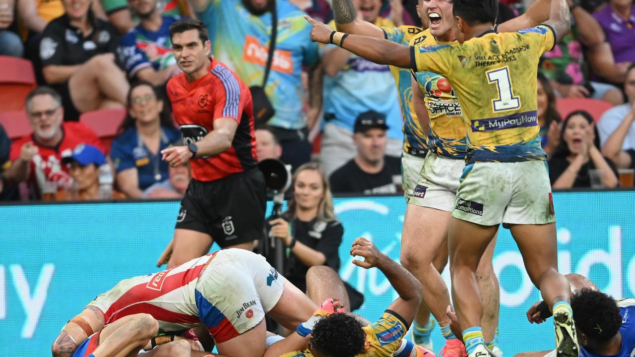 The NRL has backed the Bunker’s decision to disallow a Brian Kelly try which would have given the Titans the chance to beat Newcastle at Magic Round. Picture: Matt Roberts / NRL Imagery