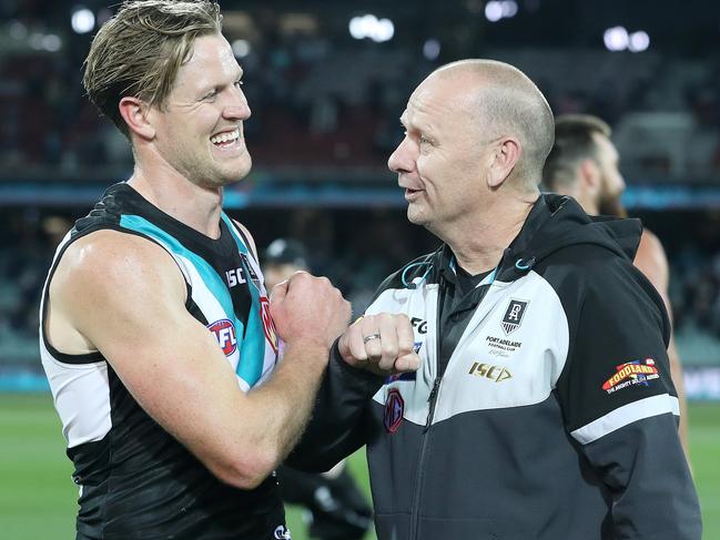 AFL - Saturday, 8th August, 2020 - Port Adelaide v Richmond at the Adelaide Oval. Captain Tom Jonas with coach Ken Hinkley after the win Picture: Sarah Reed