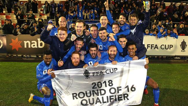 Avondale players celebrate the club’s progression to the FFA Cup Round of 16. Picture: Getty Images.