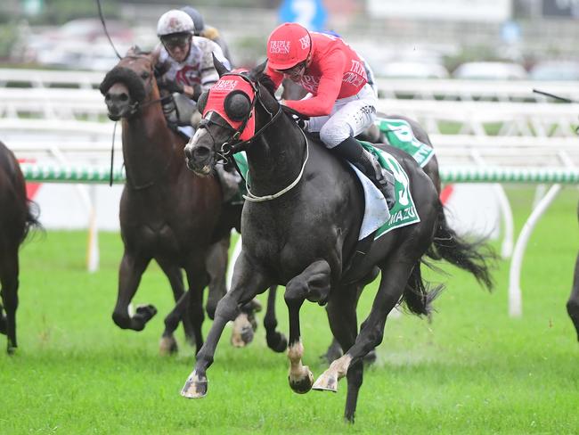 Doomben 10,000 winning horse Mazu, and  jockey Sam Clipperton, co-trainer Paul Snowden Pics Grant Peters Trackside Photography