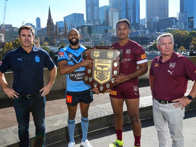 MELBOURNE, AUSTRALIA - APRIL 28:  Brydens Lawyers NSW Blues Coach Brad Fittler, Brydens Lawyers NSW Blues Representative Josh Addo-Carr, Queensland Maroons Representative Felise Kaufusi and Beattie Queensland Maroons Coach Paul Green pose during the 2021 State or Origin Launch at Arts Centre Melbourne on April 28, 2021 in Melbourne, Australia. (Photo by Vince Caligiuri/Getty Images)