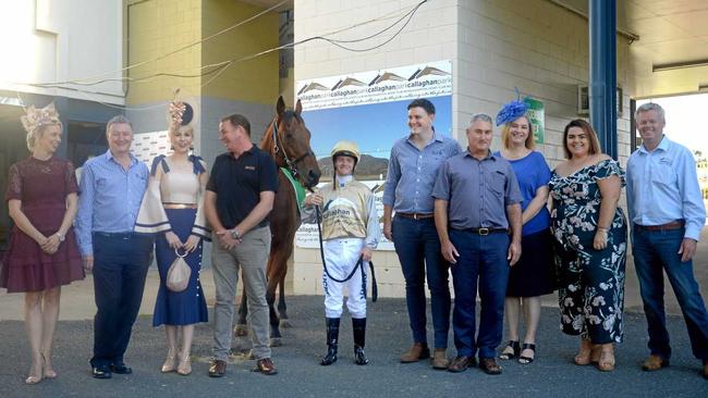 HORSE HAPPY: Ashley Hanson Stockland Rockhampton; Brian Dodson, DVL Finance; Shannon Hopkins, RJC ambassador; Michael Mutch, Brown Bros Wines; Chris Dodson, DVL Finance Chris Wagner; Tracey Wagner; Ebony Fattore, Stockland Rockhampton, Tony Fenlon CEO RJC. Picture: Jann Houley