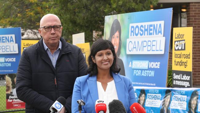 Liberal party candidate Roshena Campbell campaigning at Lysterfield Primary School with Liberal party leader Peter Dutton. Picture: David Crosling