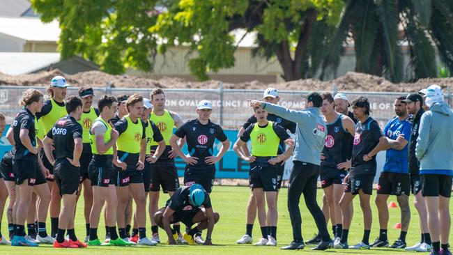 Port Adelaide players get down to business at Alberton. Picture: Naomi Jellicoe