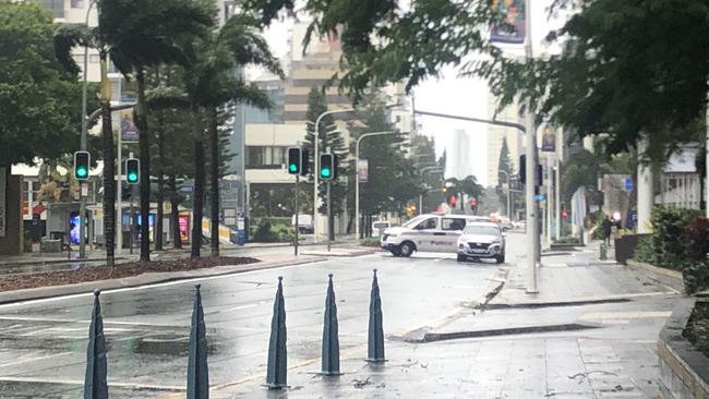 Police blocking streets around the Circle on Cavill building in Surfers Paradise.