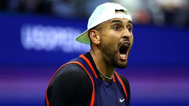 NEW YORK, NEW YORK - SEPTEMBER 06: Nick Kyrgios of Australia reacts to a point in the fifth set against Karen Khachanov during their MenÃ¢â&#130;¬â&#132;¢s Singles Quarterfinal match on Day Nine of the 2022 US Open at USTA Billie Jean King National Tennis Center on September 06, 2022 in the Flushing neighborhood of the Queens borough of New York City. (Photo by Elsa/Getty Images)