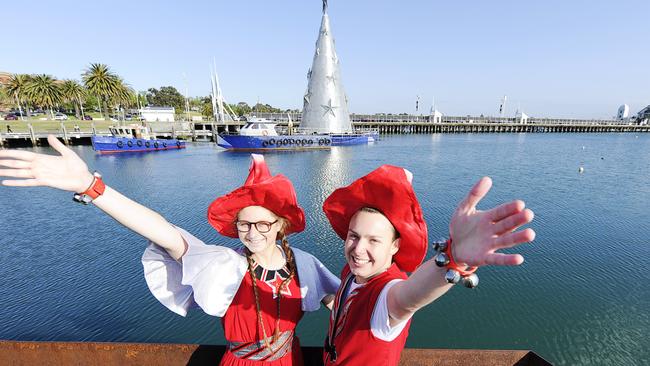 The Central Geelong Marketing Christmas elves Snowflake and Elfied Von Snow welcome the floating Christmas tree. Picture: Alan Barber