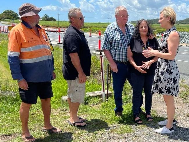 Whitsunday MP Amanda Camm discusses the Bruce Highwayupgrades with Knobels Rd residents, from left, Frank Cortis, Andrew Sherry, Bill and Madalyn Kingsbury.