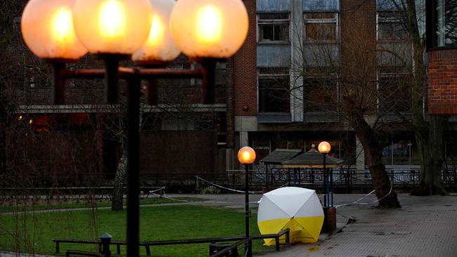 The bench, covered by a protective tent, at The Maltings shopping centre in Salisbury, where the father and daughter were found. Picture: Adrian Dennis/AFP