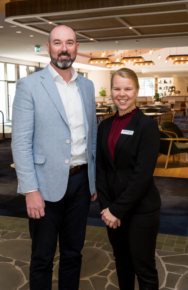 Cabra Bowls Group CEO Jay Porter &amp; Club Malua Operations Manager Manuela Littek at the opening day of the new club facility after the first was destroyed in the Black Summer fires. Picture: Cabra Bowls Group