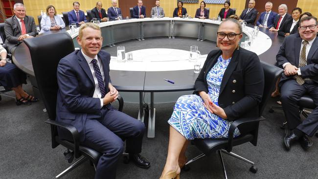 NZ Prime Minister Chris Hipkins with Deputy Prime Minister Carmel Sepuloni and other cabinet ministers. Picture: Getty Images.