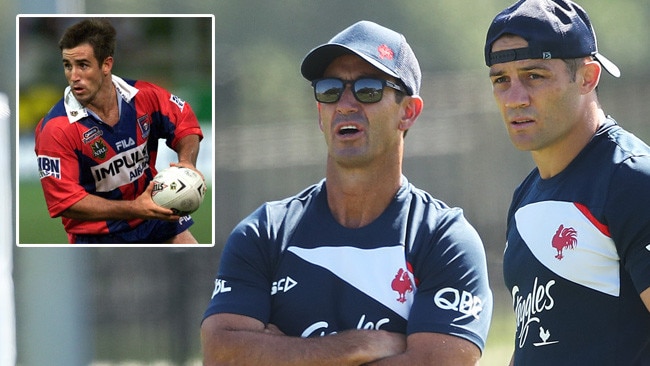 Andrew Johns with Cooper Cronk at Roosters training and (inset) during his glory days with the Knights.