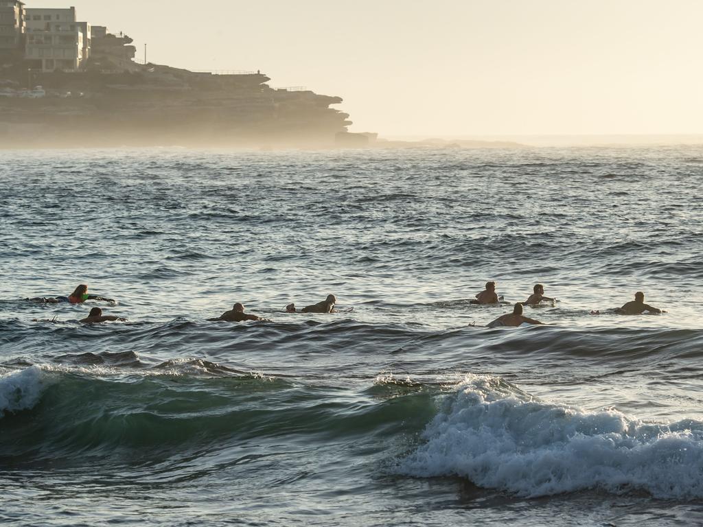 Surfers making there way out to sea to pay tribute to Annalise Braakensiek at the Memorial held at Bondi Beach around 7am Wednesday January 16 Image Picture: Monique Harmer