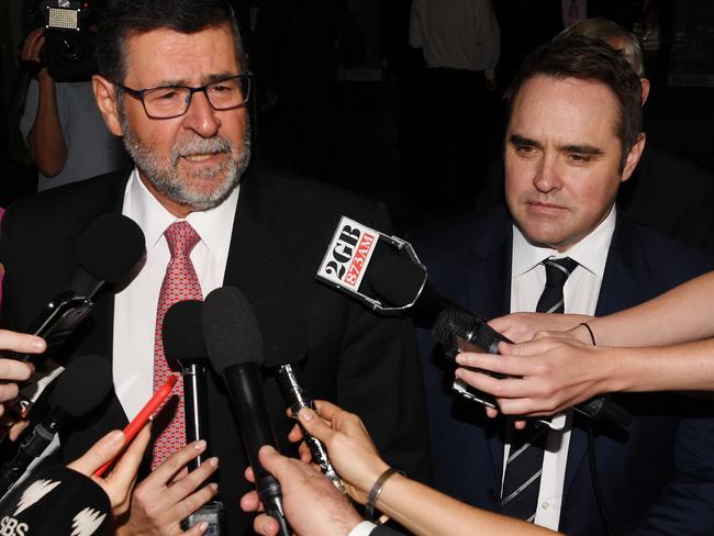 Ben McCormack (right) looks on as his lawyer Sam Macedone speaks to the media as they leave the Downing Centre after his guilty plea. Picture: AAP