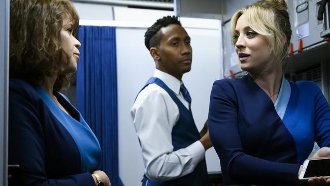 Rosie Perez and Kaley Cuoco star in a scene from The Flight Attendant, streaming on Binge. Picture: Supplied/HBO