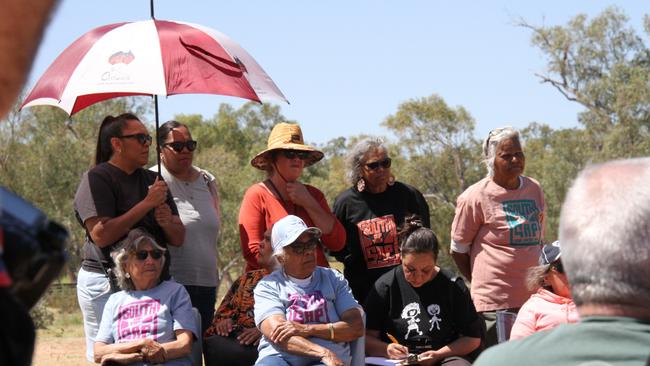 The Central Arrernte women signing the letter they plan to give to the government at the women's gathering at Anzac Oval, Sunday, September 15, 2024. Picture: Gera Kazakov