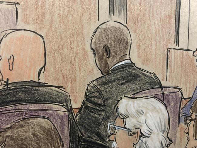 An artist’s impression of killer cop Mohamed Noor, right, in court today. Image: Cedric Hohnstadt 