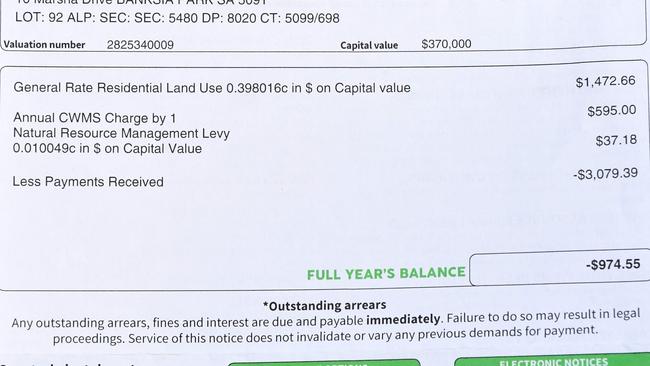 A Tea Tree Gully Council rates notice showing the $595 annual fee for the Community Wastewater Management System (CWMS).