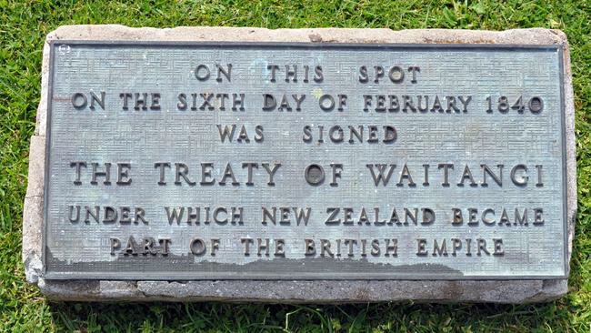 The sign indicating the location of the signing of the Waitangi Treaty between the British and Maori leaders at the Waitangi Treaty Grounds. Picture: iStock.