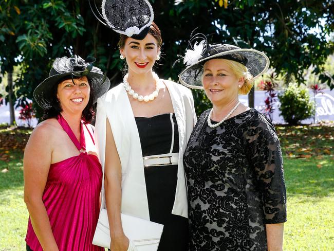 SOCIALS - Ladies Day at Cluden Racecourse - from left, Kathy Boswell, Bobbie-Shae Clarke and Sonia Clarke of Townsville - Sunday Mail - 23/07/2016 - Photographer: Michael Chambers.