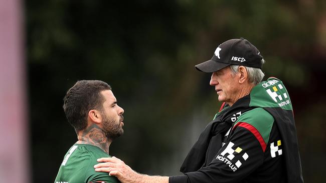 Assistant coach Jason Demetriou with Wayne Bennett during South Sydney Rabbitohs training ahead of their first game of the season against the Sharks.  Picture. Phil Hillyard