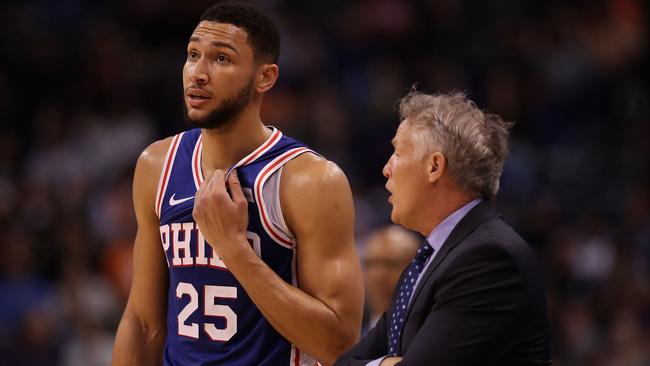 Ben Simmons and Brett Brown won’t be at the Philadelphia 76ers together next year and won’t be at the Olympics either. Picture: Christian Petersen/Getty/AFP