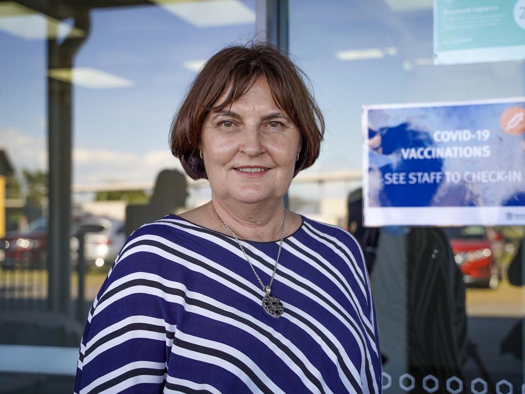 Mackay MP Julieanne Gilbert spruiking the Mackay Covid-19 vaccination hub during the pandemic. Picture: Heidi Petith