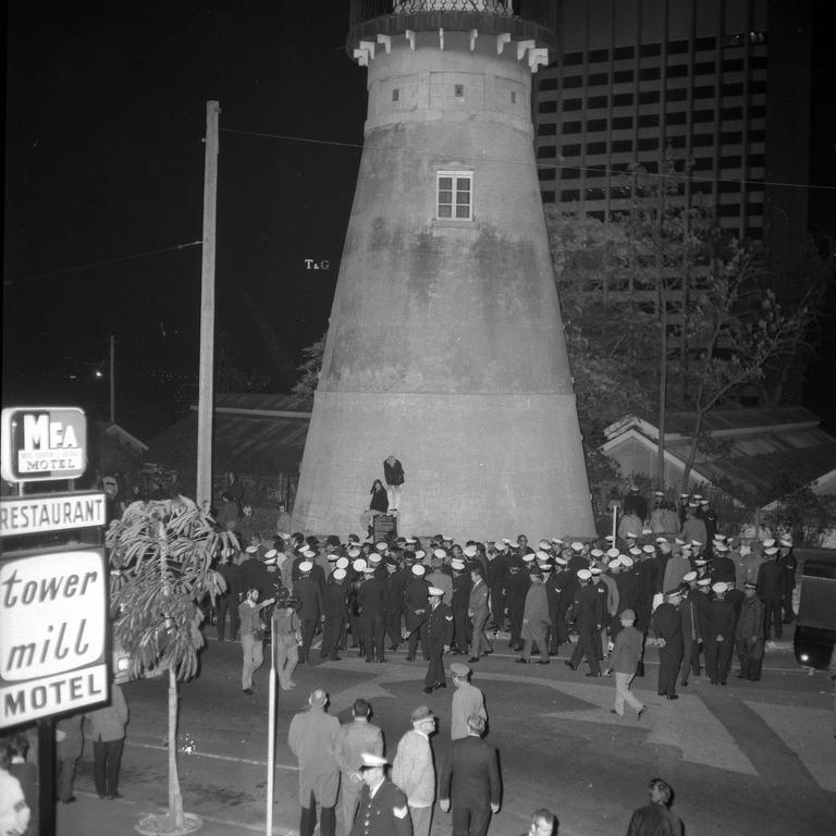 Springbok demonstrators surrounded by police outside the Tower Mill Motel in 1971. Picture: Noel Pascoe