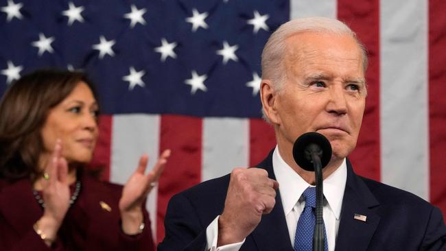 US Vice President Kamala Harris applauds as US President Joe Biden delivers the State of the Union address in the US Capitol. Picture: AFP.