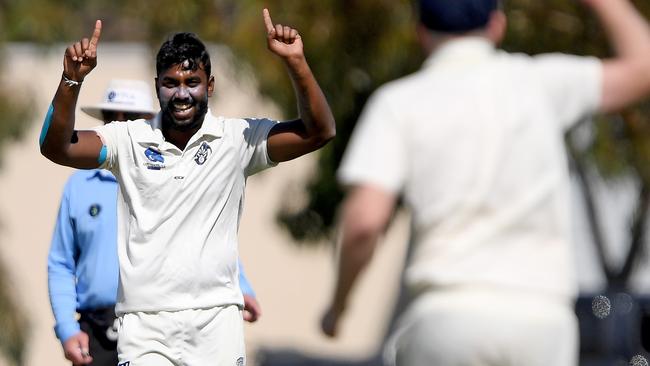 Sunshine’s Charith Fernando celebrates a wicket. Picture: Andy Brownbill