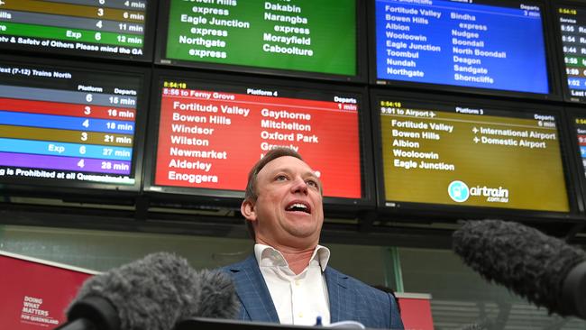 Queensland Premier Steven Miles at Central station on day one of the 50 cent fares trial. Picture: John Gass