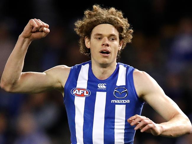 MELBOURNE, AUSTRALIA - JULY 08: Ben Brown of the Kangaroos celebrates a goal during the 2018 AFL round 16 match between the North Melbourne Kangaroos and the Gold Coast Suns at Etihad Stadium on July 08, 2018 in Melbourne, Australia. (Photo by Adam Trafford/AFL Media/Getty Images)