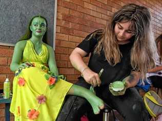 GETTING READY: Ipswich State High School held its 10th anniversary Hair and Beauty Showcase, which highlights the work done by students in its hair and beauty program. Larissa Dixon and Tatum Zammit prepare for the event. Picture: Rob Williams