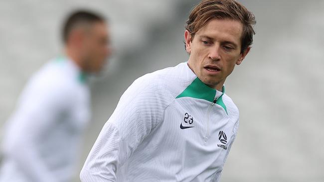 MELBOURNE, AUSTRALIA - NOVEMBER 12: Craig Goodwin of the Socceroos controls the ball during a Socceroos training session at Lakeside Stadium on November 12, 2024 in Melbourne, Australia. (Photo by Robert Cianflone/Getty Images)