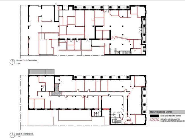 Proposed demolitions marked in red for the future boutique hotel at 337-343 Flinders St, Townsville City. Picture: CA Architects.