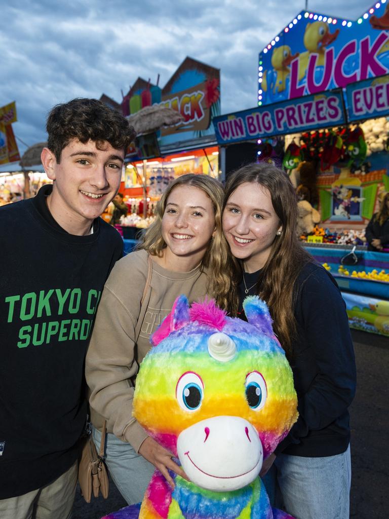 At the 2022 Toowoomba Royal Show are (from left) Charlie Aston, Mackenzie McCauley and Gemma Rub, Saturday, March 26, 2022. Picture: Kevin Farmer