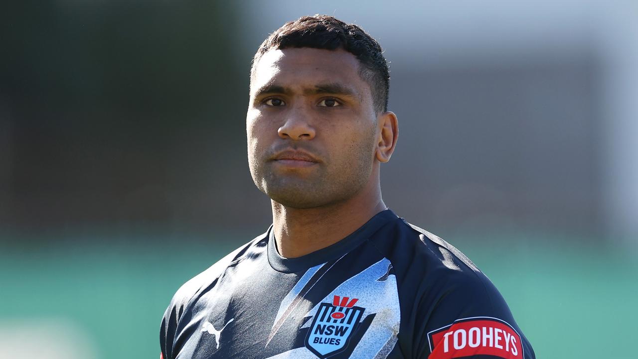 SYDNEY, AUSTRALIA - MAY 23: Tevita Pangai Junior looks on during a New South Wales Blues State of Origin training session at Coogee Oval on May 23, 2023 in Sydney, Australia. (Photo by Mark Kolbe/Getty Images)